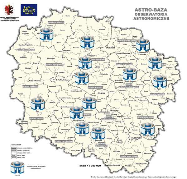 mapa 13 obserwatoriów astronomicznych w kujawsko-pomorskim